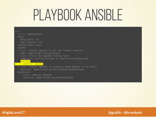 Playbook ansible
---
- hosts: webservers
vars:
http_port: 80
max_clients: 200
remote_user: root
tasks:
- name: ensure apache is at the latest version
yum: name=httpd state=latest
- name: write the apache config file
template: src=/srv/httpd.j2 dest=/etc/httpd.conf
notify:
- restart apache
- name: ensure apache is running (and enable it at boot)
service: name=httpd state=started enabled=yes
handlers:
- name: restart apache
service: name=httpd state=restarted
#AgileLaval17 @gcollic - @hrambelo
 