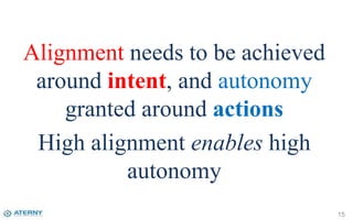 Alignment needs to be achieved
around intent, and autonomy
granted around actions
High alignment enables high
autonomy
15
 