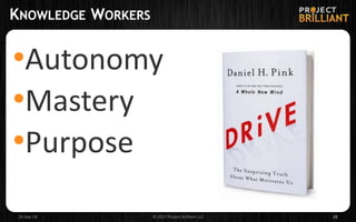 KNOWLEDGE WORKERS
•Autonomy
•Mastery
•Purpose
26-Sep-18 © 2017 Project Brilliant LLC 28
 