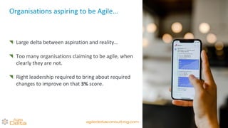 Organisations aspiring to be Agile…
Large delta between aspiration and reality…
Too many organisations claiming to be agile, when
clearly they are not.
Right leadership required to bring about required
changes to improve on that 3% score.
agiledeltaconsulting.com
 