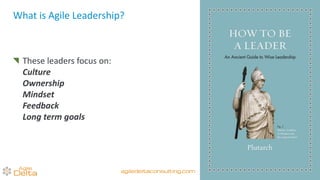 What is Agile Leadership?
These leaders focus on:
Culture
Ownership
Mindset
Feedback
Long term goals
agiledeltaconsulting.com
 