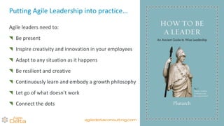 Putting Agile Leadership into practice…
Agile leaders need to:
Be present
Inspire creativity and innovation in your employees
Adapt to any situation as it happens
Be resilient and creative
Continuously learn and embody a growth philosophy
Let go of what doesn’t work
Connect the dots
agiledeltaconsulting.com
 