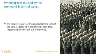 Where agile is disliked by the
command & control gang…
The hardest lesson for this gang is learning to trust
the agile leaders and the talented people, then
recognising when to get out of their way.
agiledeltaconsulting.com
 