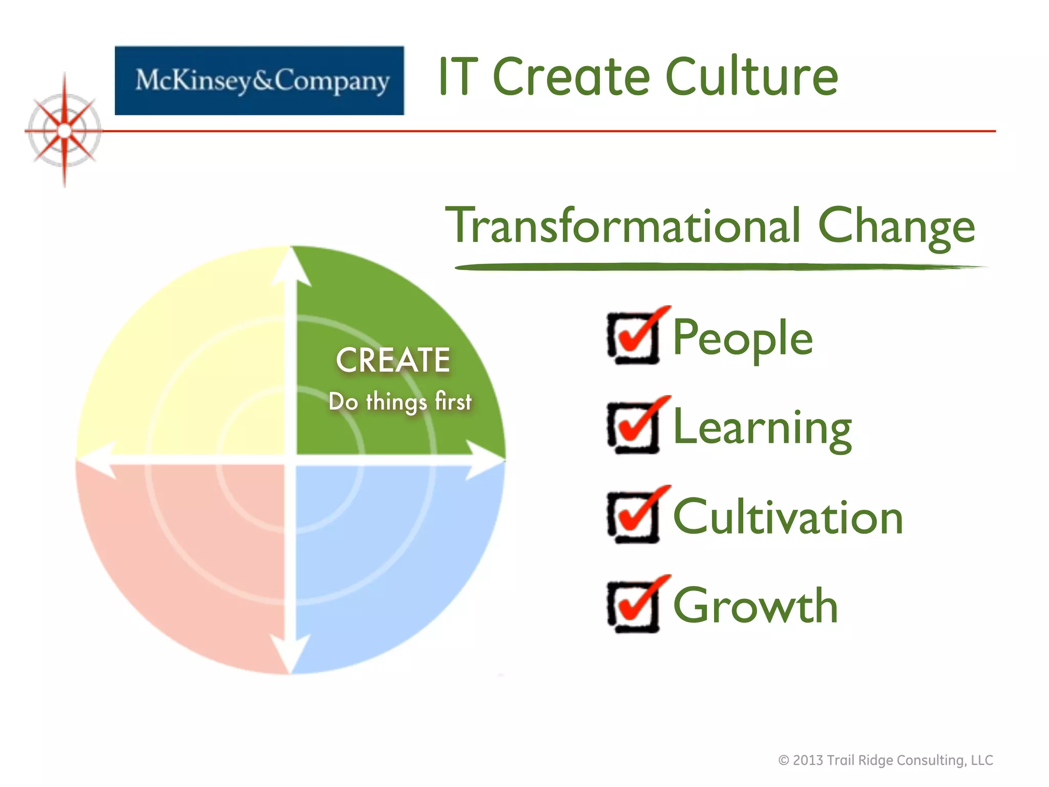 © 2013 Trail Ridge Consulting, LLC
IT Create Culture
People
Learning
Cultivation
Growth
CREATE
Do things ﬁrst
Transformational Change
 