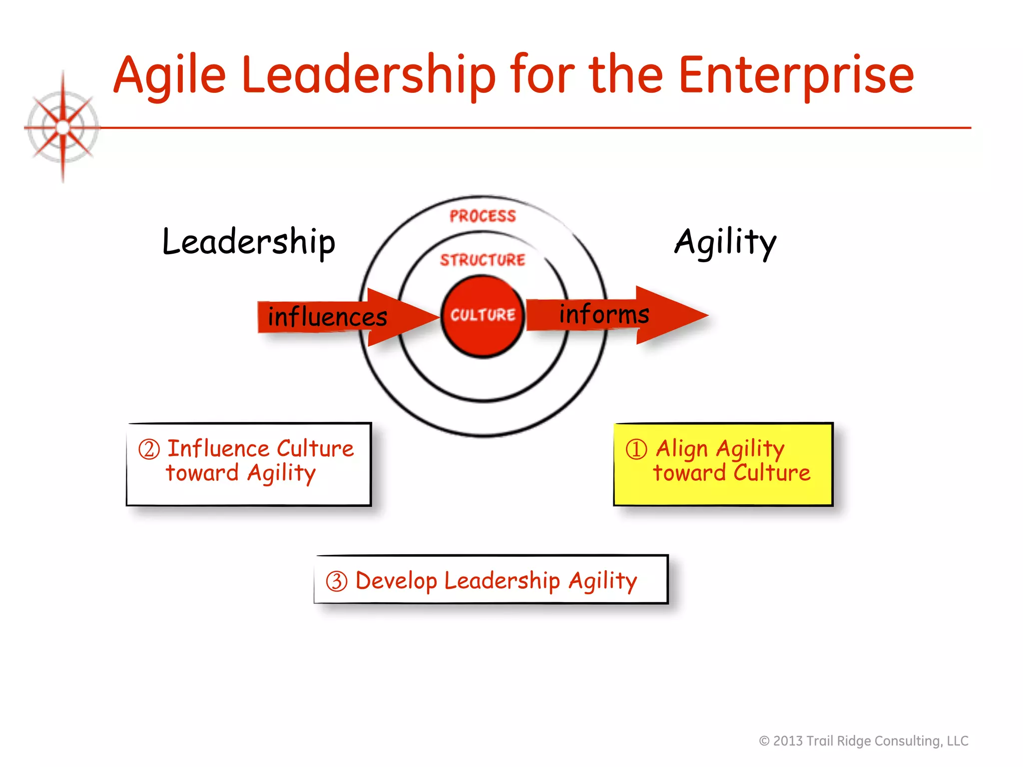 © 2013 Trail Ridge Consulting, LLC
Agile Leadership for the Enterprise
influences informs
Leadership Agility
① Align Agility
toward Culture
② Influence Culture
toward Agility
③ Develop Leadership Agility
 