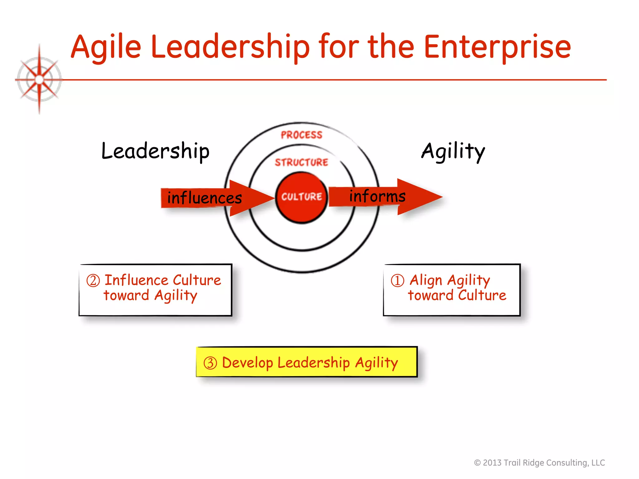 © 2013 Trail Ridge Consulting, LLC
Agile Leadership for the Enterprise
influences informs
Leadership Agility
① Align Agility
toward Culture
② Influence Culture
toward Agility
③ Develop Leadership Agility
 