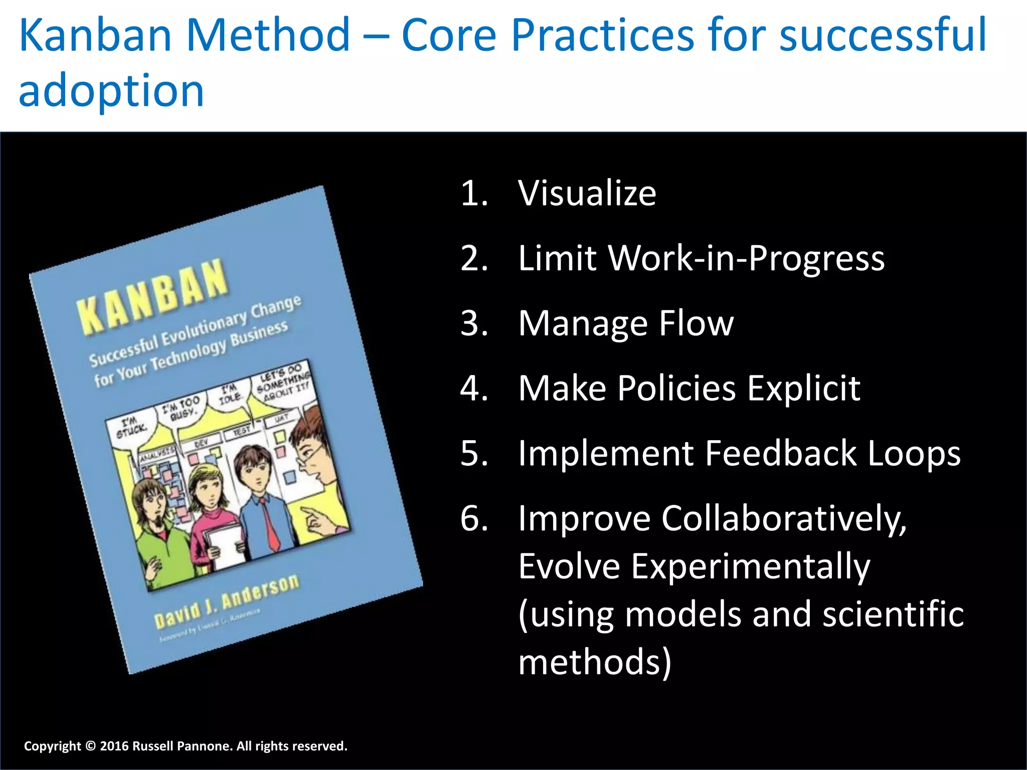 Kanban Method – Core Practices for successful
adoption
1. Visualize
2. Limit Work-in-Progress
3. Manage Flow
4. Make Policies Explicit
5. Implement Feedback Loops
6. Improve Collaboratively,
Evolve Experimentally
(using models and scientific
methods)
Copyright © 2016 Russell Pannone. All rights reserved.
 