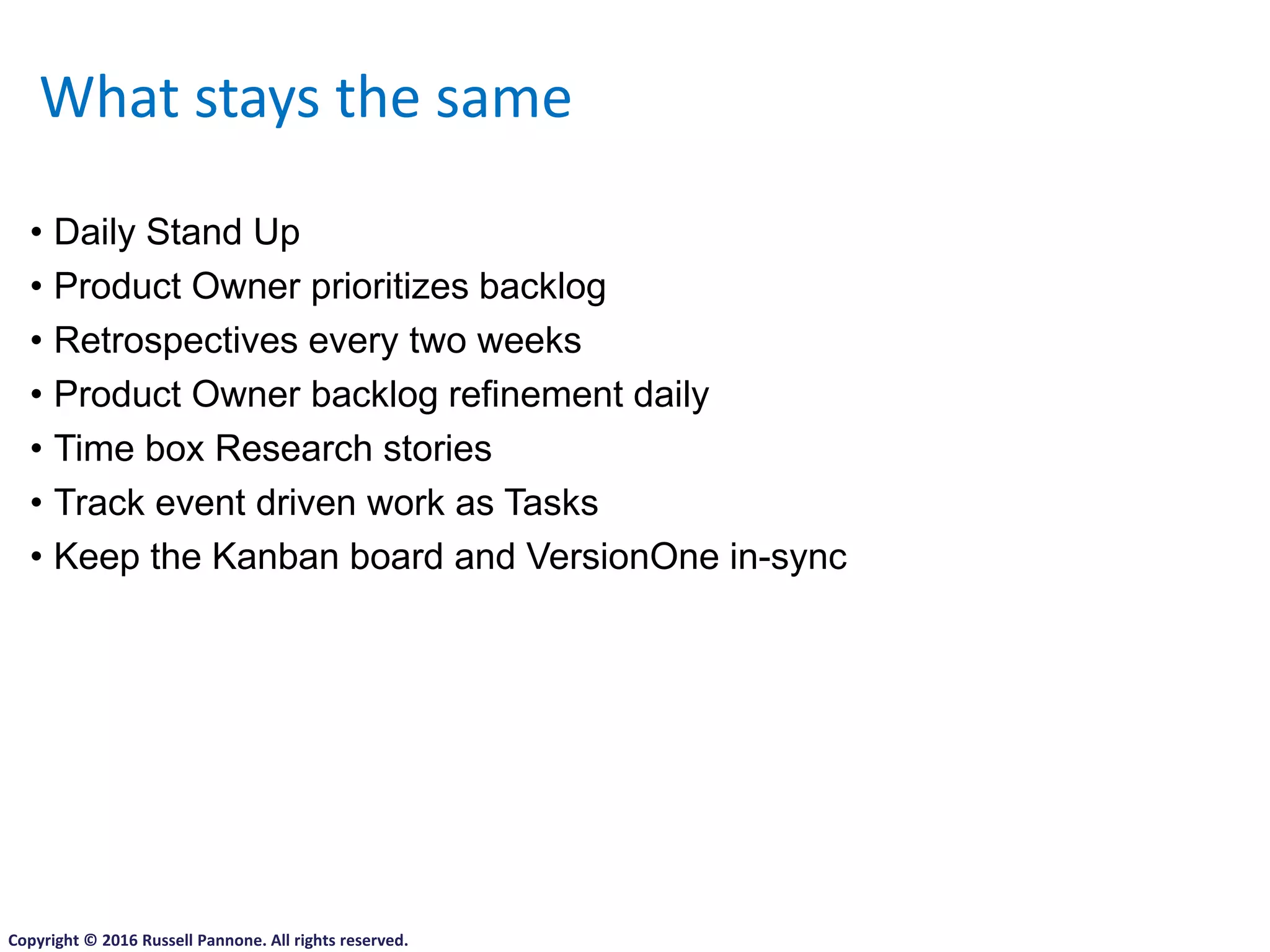 • Daily Stand Up
• Product Owner prioritizes backlog
• Retrospectives every two weeks
• Product Owner backlog refinement daily
• Time box Research stories
• Track event driven work as Tasks
• Keep the Kanban board and VersionOne in-sync
What stays the same
Copyright © 2016 Russell Pannone. All rights reserved.
 