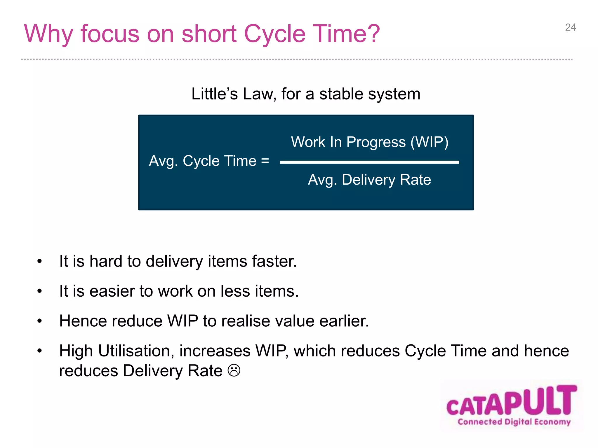 Why focus on short Cycle Time? 
Little’s Law, for a stable system 
• It is hard to delivery items faster. 
• It is easier to work on less items. 
• Hence reduce WIP to realise value earlier. 
• High Utilisation, increases WIP, which reduces Cycle Time and hence 
reduces Delivery Rate  
24 
Avg. Cycle Time = 
Work In Progress (WIP) 
Avg. Delivery Rate 
 