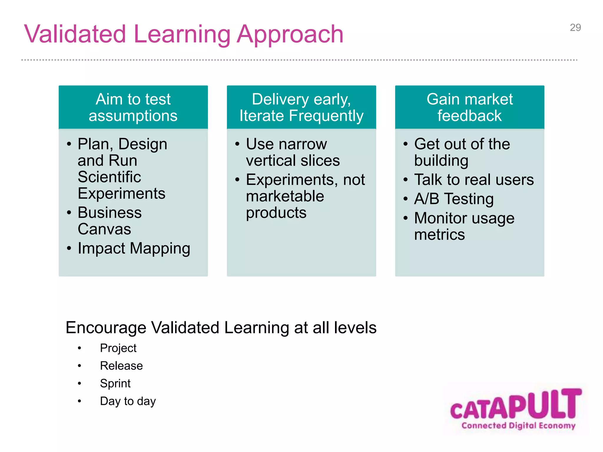 Validated Learning Approach 
Encourage Validated Learning at all levels 
• Project 
• Release 
• Sprint 
• Day to day 
29 
Aim to test 
assumptions 
• Plan, Design 
and Run 
Scientific 
Experiments 
• Business 
Canvas 
• Impact Mapping 
Delivery early, 
Iterate Frequently 
• Use narrow 
vertical slices 
• Experiments, not 
marketable 
products 
Gain market 
feedback 
• Get out of the 
building 
• Talk to real users 
• A/B Testing 
• Monitor usage 
metrics 
 