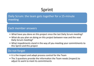 Sprint	
  
Daily	
  Scrum:	
  the	
  team	
  gets	
  together	
  for	
  a	
  15-­‐minute	
  
mee7ng	
  
Each	
  member	
  answers	
  
• What	
  have	
  you	
  done	
  on	
  this	
  project	
  since	
  the	
  last	
  Daily	
  Scrum	
  mee7ng?	
  	
  
• What	
  do	
  you	
  plan	
  on	
  doing	
  on	
  this	
  project	
  between	
  now	
  and	
  the	
  next	
  
Daily	
  Scrum	
  mee7ng?	
  	
  
• What	
  impediments	
  stand	
  in	
  the	
  way	
  of	
  you	
  mee7ng	
  your	
  commitments	
  to	
  
this	
  Sprint	
  and	
  this	
  project	
  
Do	
  not	
  forget	
  
• It	
  is	
  the	
  inspect	
  and	
  adapt	
  process	
  control	
  for	
  the	
  Team	
  
• The	
  3	
  ques7ons	
  provide	
  the	
  informa7on	
  the	
  Team	
  needs	
  (inspect)	
  to	
  
adjust	
  its	
  work	
  to	
  meet	
  its	
  commitments	
  
 