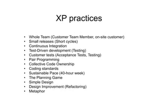 XP practices
• Whole Team (Customer Team Member, on-site customer)
• Small releases (Short cycles)
• Continuous Integration
• Test-Driven development (Testing)
• Customer tests (Acceptance Tests, Testing)
• Pair Programming
• Collective Code Ownership
• Coding standards
• Sustainable Pace (40-hour week)
• The Planning Game
• Simple Design
• Design Improvement (Refactoring)
• Metaphor
 