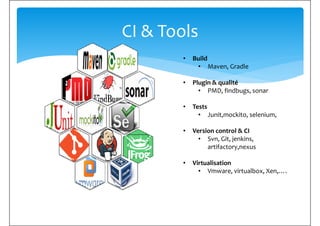CI & Tools
• Build
• Maven, Gradle
• Plugin & qualité
• PMD, findbugs, sonar
• Tests
• Junit,mockito, selenium,
• Version control & CI
• Svn, Git, jenkins,
artifactory,nexusartifactory,nexus
• Virtualisation
• Vmware, virtualbox, Xen,….