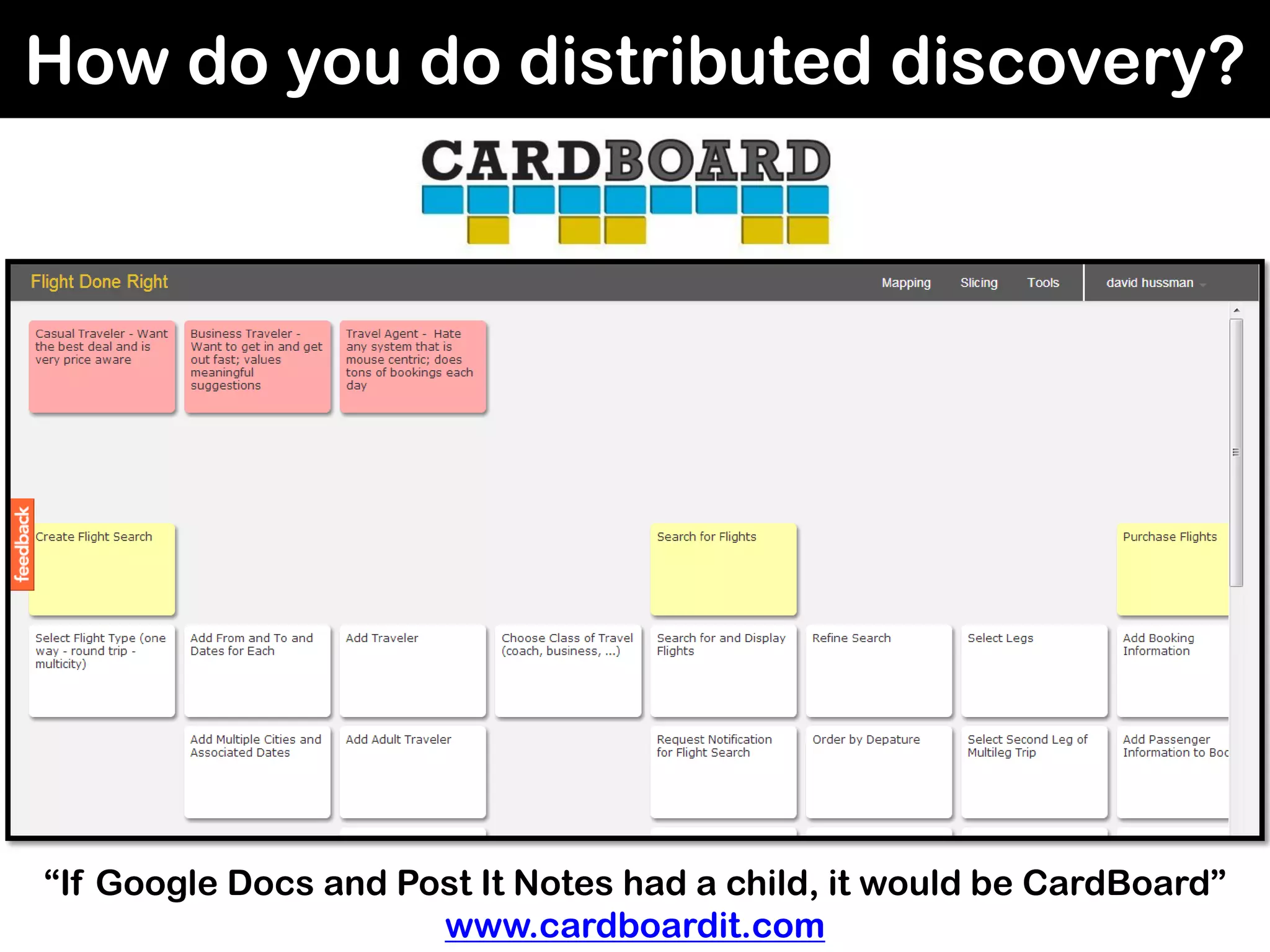 How do you do distributed discovery?
“If Google Docs and Post It Notes had a child, it would be CardBoard”
www.cardboardit.com
 