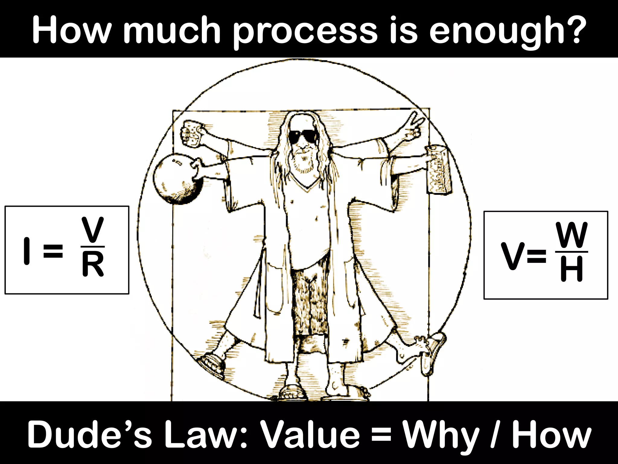 Dude’s Law: Value = Why / How
V=
W
HI =
V
R
How much process is enough?
 