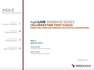 Part 2
July 24, 2013
Andy Powell
Product Evangelist, VersionOne
Bob Vincent
Product Manager, VersionOne
#agilelive
 