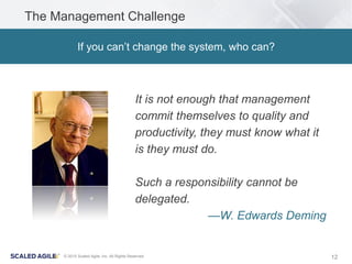12© 2015 Scaled Agile, Inc. All Rights Reserved
The Management Challenge
If you can’t change the system, who can?
It is not enough that management
commit themselves to quality and
productivity, they must know what it
is they must do.
Such a responsibility cannot be
delegated.
—W. Edwards Deming
 