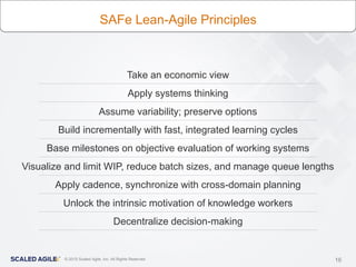 16© 2015 Scaled Agile, Inc. All Rights Reserved
SAFe Lean-Agile Principles
Take an economic view
Apply systems thinking
Assume variability; preserve options
Build incrementally with fast, integrated learning cycles
Base milestones on objective evaluation of working systems
Visualize and limit WIP, reduce batch sizes, and manage queue lengths
Apply cadence, synchronize with cross-domain planning
Unlock the intrinsic motivation of knowledge workers
Decentralize decision-making
16© 2015 Scaled Agile, Inc. All Rights Reserved
 