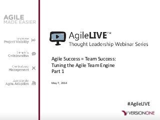 Agile Success = Team Success:
Tuning the Agile Team Engine
Part 1
May 7, 2014
#AgileLIVE
 