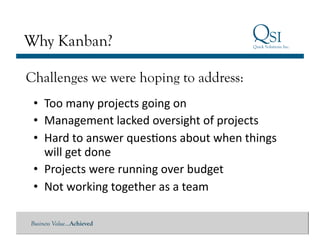 Why Kanban?

Challenges we were hoping to address:
 •  Too	
  many	
  projects	
  going	
  on	
  
 •  Management	
  lacked	
  oversight	
  of	
  projects	
  
 •  Hard	
  to	
  answer	
  quesGons	
  about	
  when	
  things	
  
    will	
  get	
  done	
  
 •  Projects	
  were	
  running	
  over	
  budget	
  
 •  Not	
  working	
  together	
  as	
  a	
  team	
  

Business Value…Achieved
 