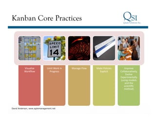 Kanban Core Practices




           Visualize	
         Limit	
  Work	
  in	
     Manage	
  Flow	
     Make	
  Policies	
         Improve	
  
           Workﬂow	
             Progress	
                                     Explicit	
           CollaboraGvely,	
  
                                                                                                           Evolve	
  
                                                                                                     Experimentally	
  
                                                                                                      (using	
  models	
  
                                                                                                          and	
  the	
  
                                                                                                         scienGﬁc	
  
                                                                                                         method)	
  




  Business Value…Achieved
David Anderson, www.agilemanagement.net
 