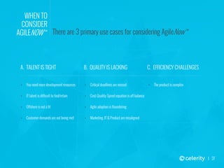 37
WHEN TO
CONSIDER
AGILENOW ™ There are 3 primary use cases for considering AgileNow ™
‣ You need more development resour...