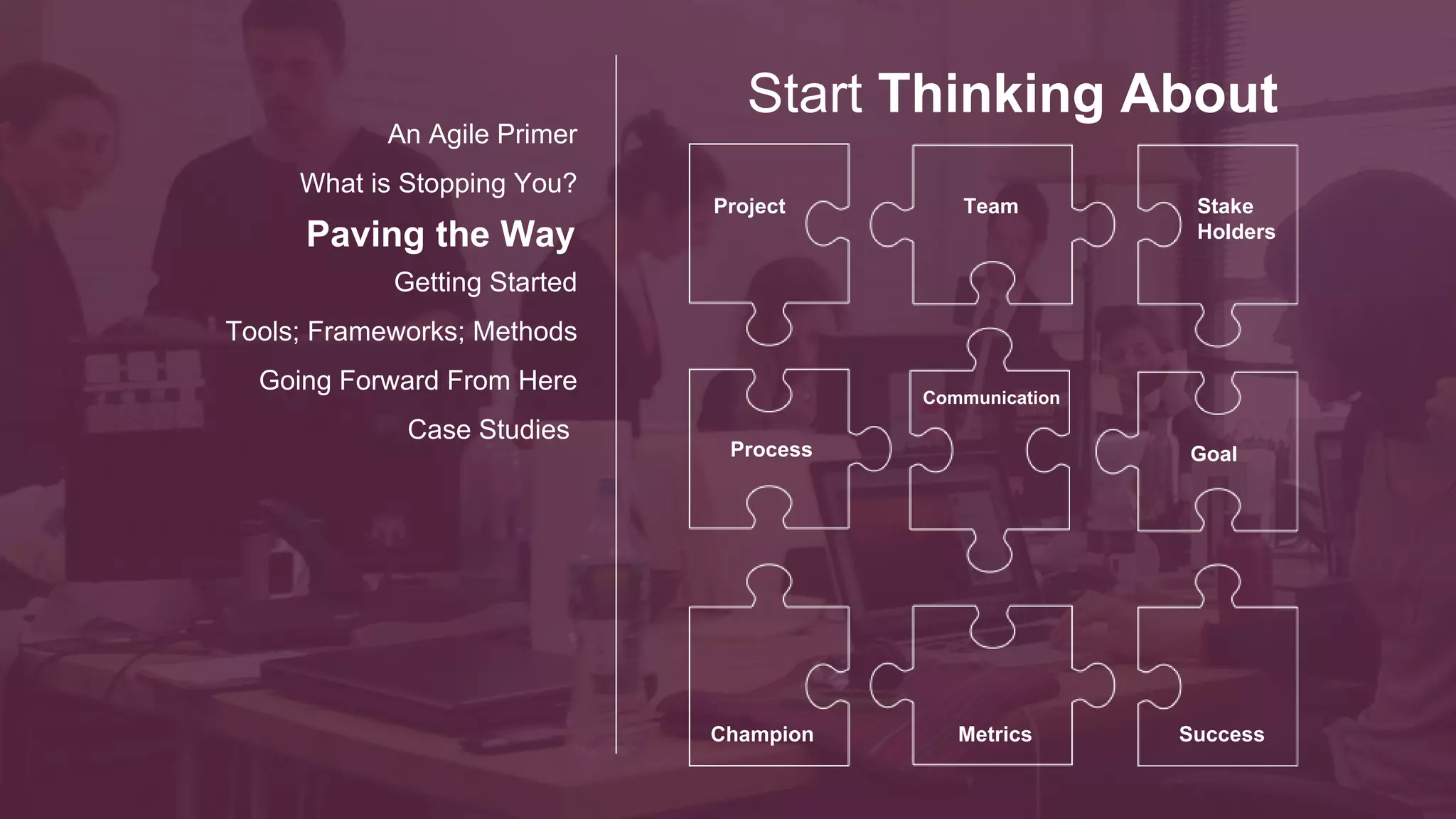 Time to
Take Action!
Getting Started
Tools; Frameworks; Methods
Going Forward From Here
Case Studies
An Agile Primer
What is Stopping You?
Paving the Way
 