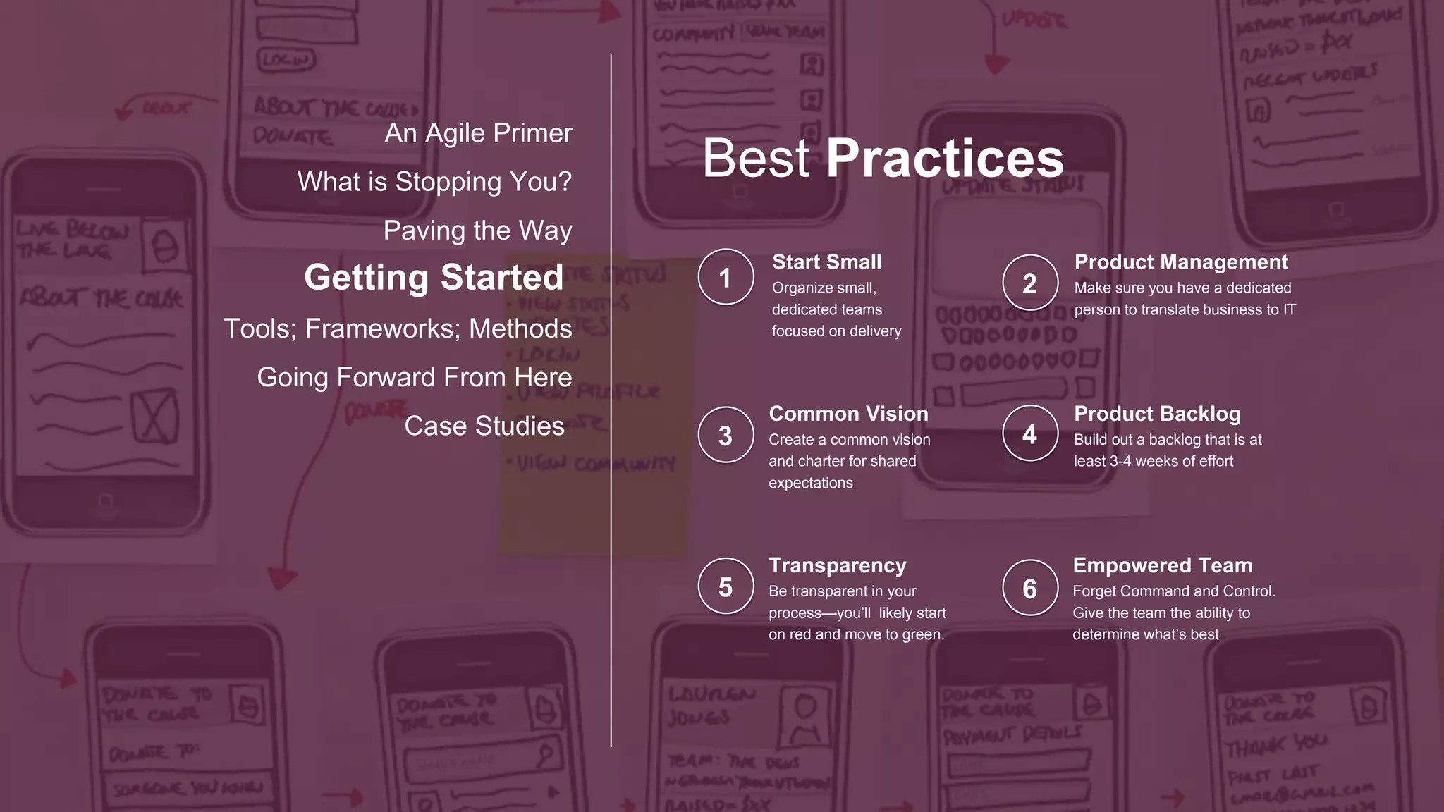 Common Attributes
Getting Started
Tools; Frameworks; Methods
Going Forward From Here
Case Studies
An Agile Primer
What is Stopping You?
Paving the Way
Focus on the Team
The right team members in the right
roles focusing on important items.
Team members should be positive,
have flexible skillsets and thrive on
challenge and change.
Create a Cultural Bubble
Create a “safe” place for the team to
operate. Separate but don’t isolate!
Incentivize Behaviors
Think about success differently.
Incentivize innovation and
incremental change
Enhance Communication
Take transparency to a new level.
Encourage interactions, post results
and promote accountability
Learn, Fail, Learn Again
Allow the team to learn and try new
things. Failure is ok. We learn fastest
from failure and Agile practices
encourage adaptation.
Improve
Rinse, repeat. Look at what’s
working and what’s not and allow
the team room to continuously
improve and adapt.
 