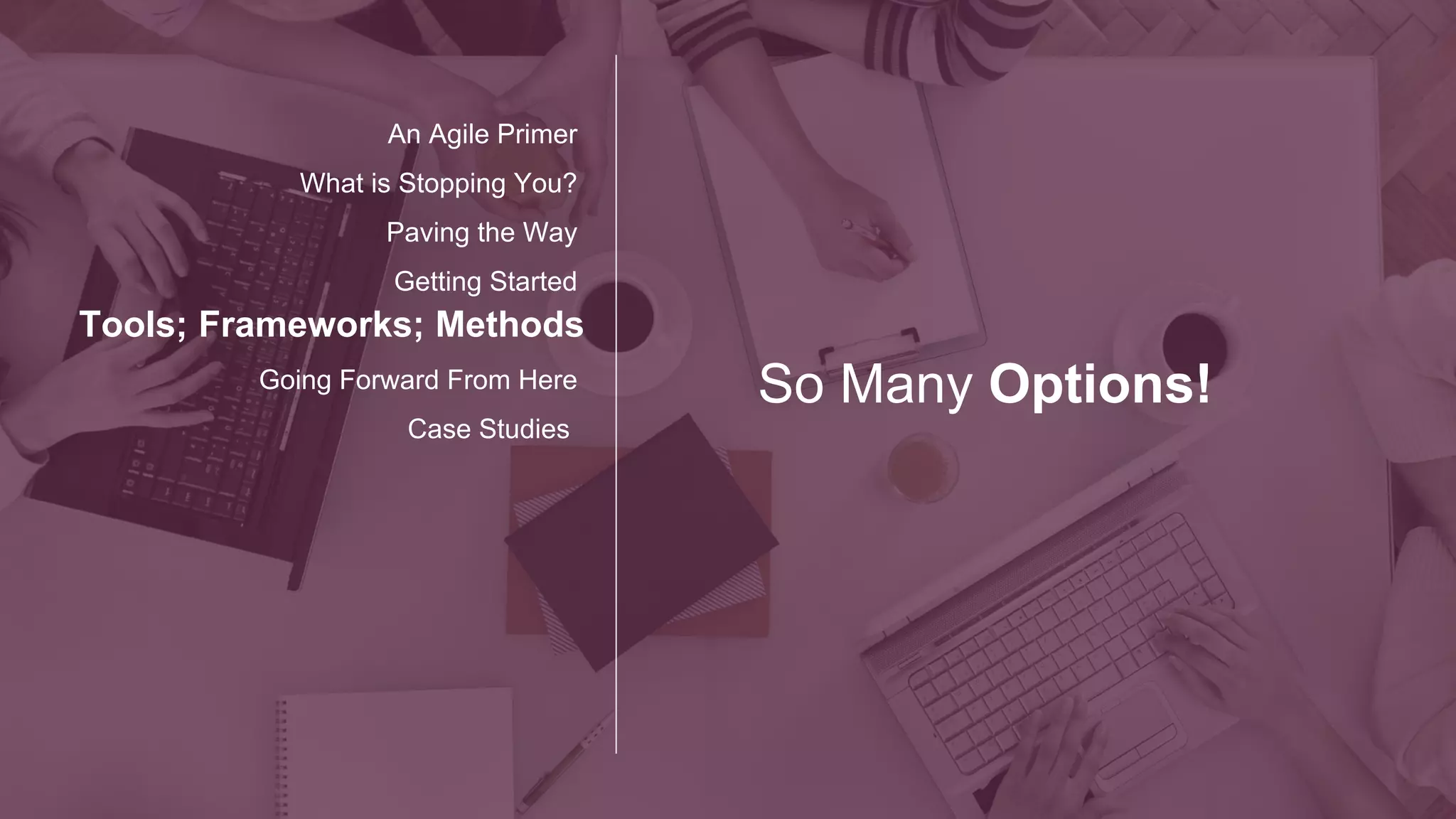 Handy Dandy Toolbox
Tools; Frameworks; Methods
Going Forward From Here
Case Studies
An Agile Primer
What is Stopping You?
Paving the Way
Getting Started
Agile ALM Dashboards
Automated
Testing
Continuous
Integration
XP TDD
Choose an Application
Lifecycle Management tool
that can create the metrics
you need AND is suitable for
your Agile teams
Pull the data from your ALM
and create visual metrics
dashboards for your
stakeholders
Automate your testing. Unit,
integration, and system
testing can and should be
automated.
Integrate your code
frequently. At least daily to
ensure functionality is stable
and quality is high.
Extreme Programming.
Multiple practices to increase
efficiency and collaboration
during development.
Test Driven Development.
Test first mentality. Write the
test then write the code to
pass the test.
 