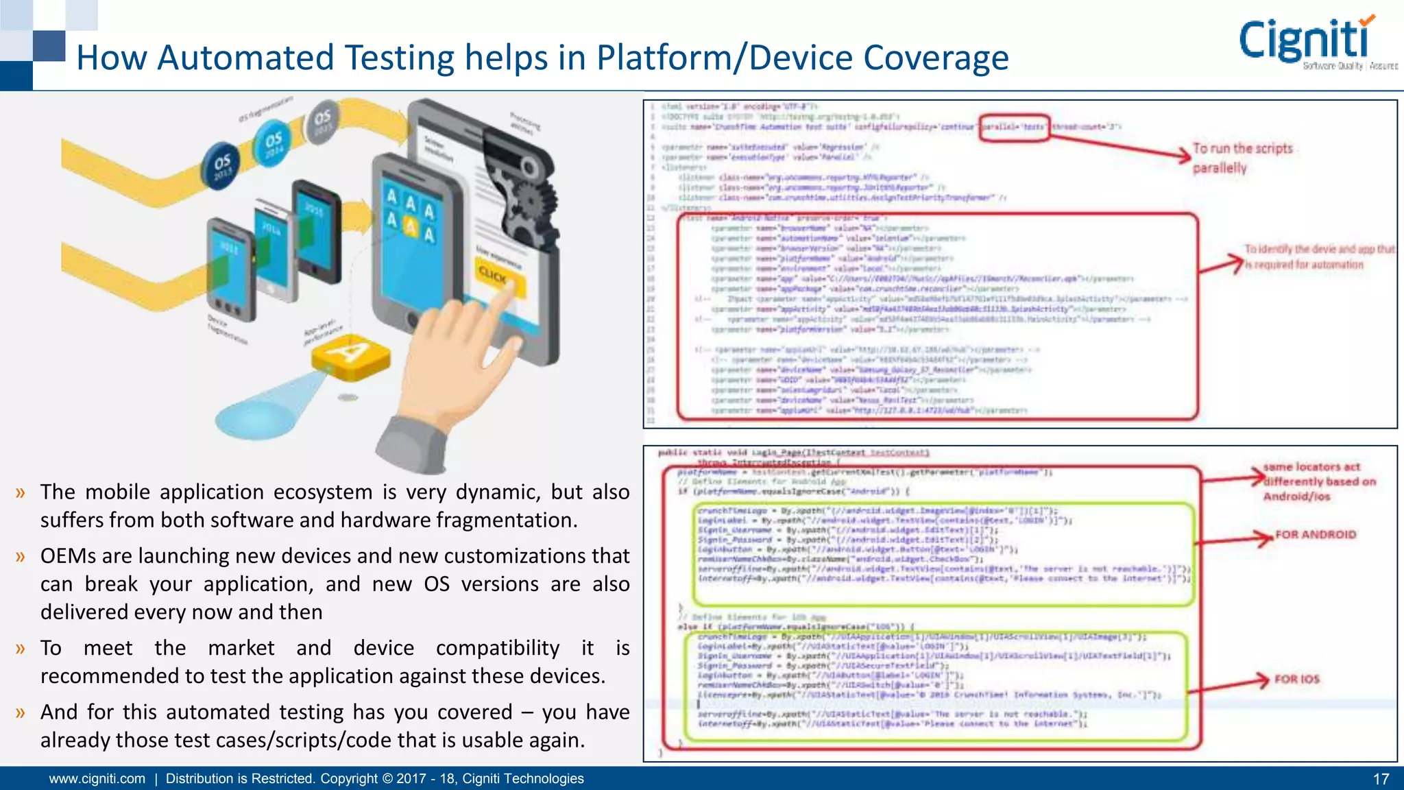 www.cigniti.com | Distribution is Restricted. Copyright © 2017 - 18, Cigniti Technologies 17
How Automated Testing helps in Platform/Device Coverage
» The mobile application ecosystem is very dynamic, but also
suffers from both software and hardware fragmentation.
» OEMs are launching new devices and new customizations that
can break your application, and new OS versions are also
delivered every now and then
» To meet the market and device compatibility it is
recommended to test the application against these devices.
» And for this automated testing has you covered – you have
already those test cases/scripts/code that is usable again.
 