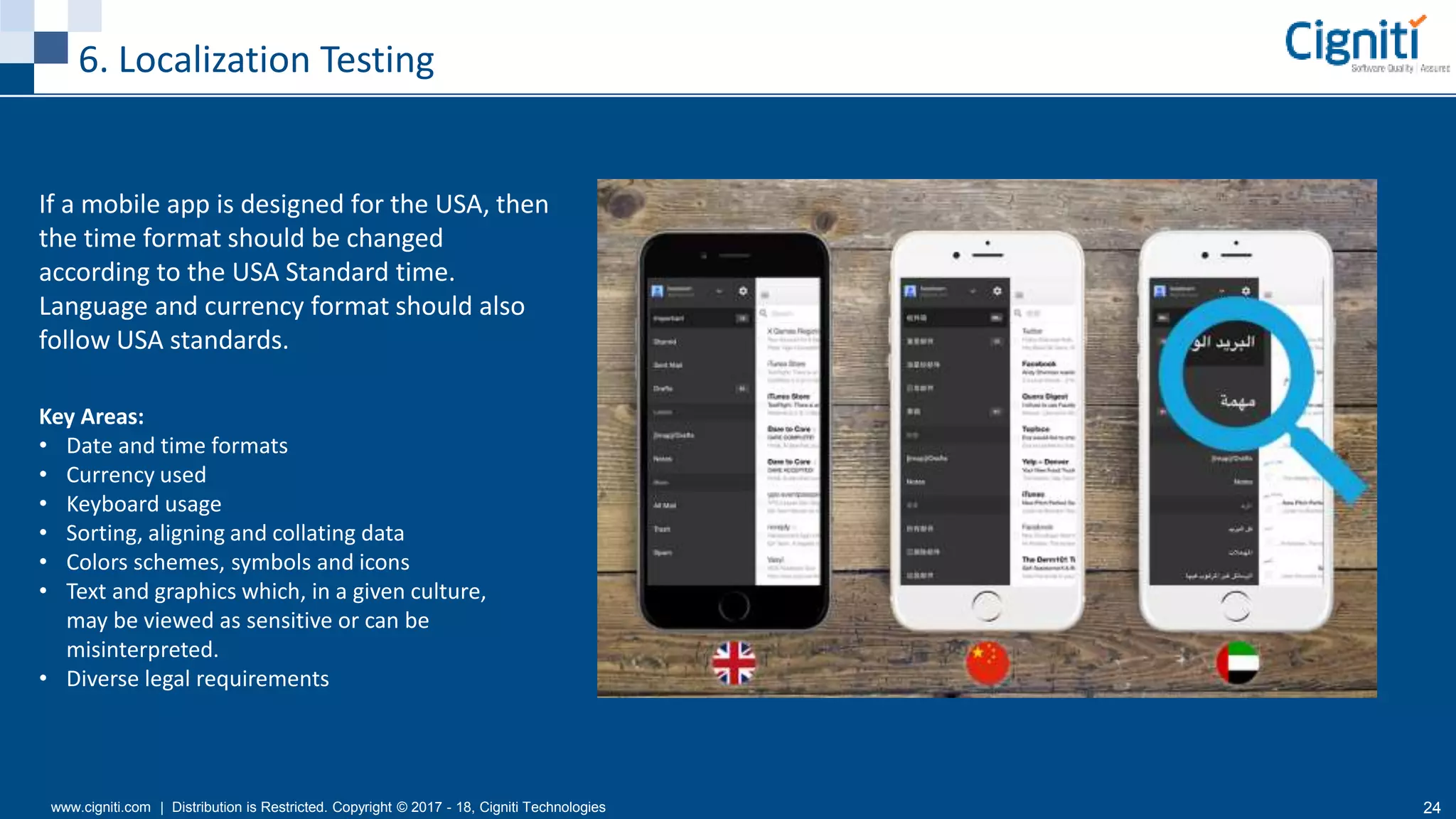 www.cigniti.com | Distribution is Restricted. Copyright © 2017 - 18, Cigniti Technologies 24
6. Localization Testing
If a mobile app is designed for the USA, then
the time format should be changed
according to the USA Standard time.
Language and currency format should also
follow USA standards.
Key Areas:
• Date and time formats
• Currency used
• Keyboard usage
• Sorting, aligning and collating data
• Colors schemes, symbols and icons
• Text and graphics which, in a given culture,
may be viewed as sensitive or can be
misinterpreted.
• Diverse legal requirements
 