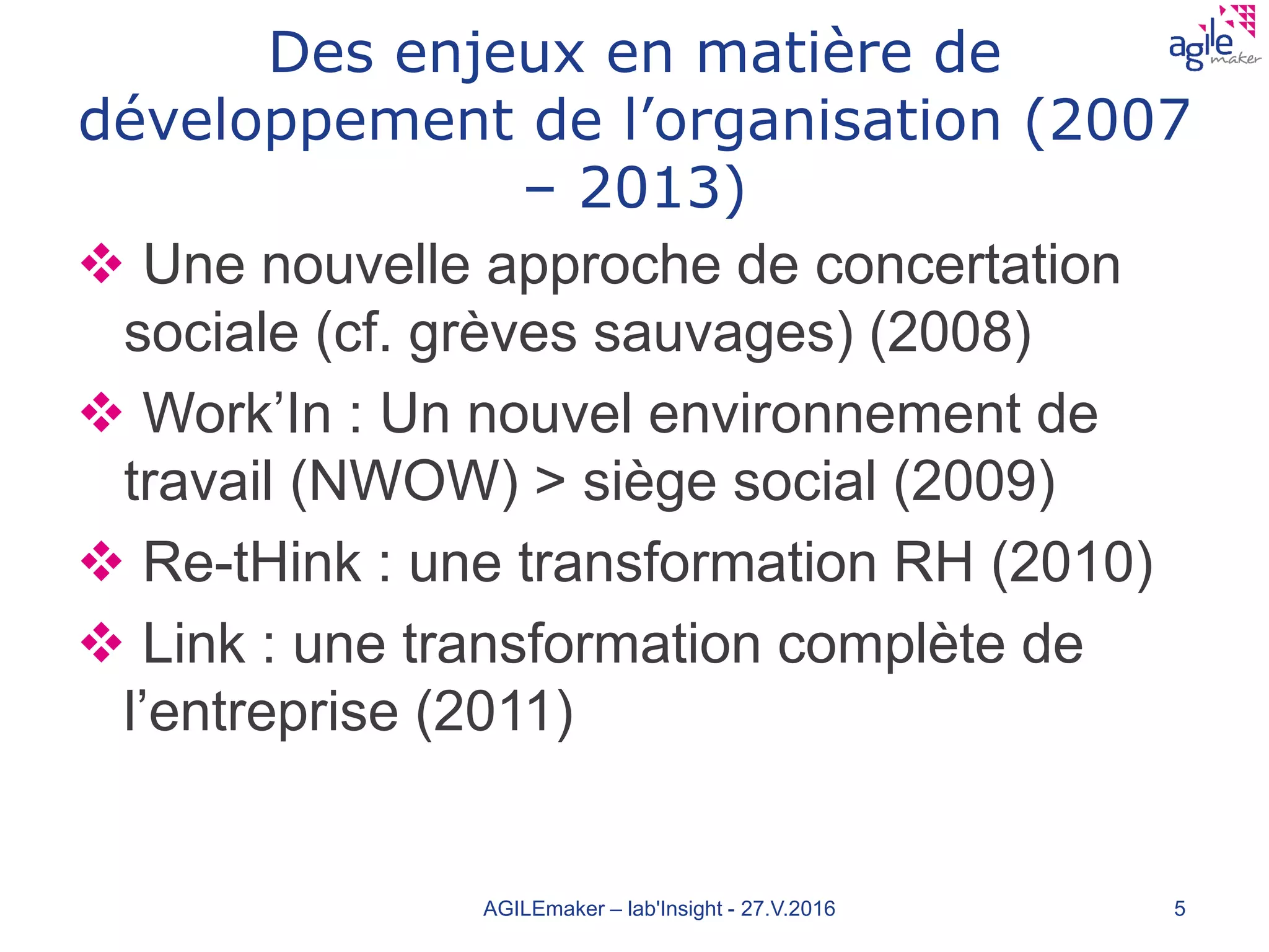 Des enjeux en matière de
développement de l’organisation (2007
– 2013)
 Une nouvelle approche de concertation
sociale (cf. grèves sauvages) (2008)
 Work’In : Un nouvel environnement de
travail (NWOW) > siège social (2009)
 Re-tHink : une transformation RH (2010)
 Link : une transformation complète de
l’entreprise (2011)
AGILEmaker – lab'Insight - 27.V.2016 5
 