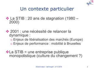 Un contexte particulier
AGILEmaker – lab'Insight - 27.V.2016 2
 La STIB : 20 ans de stagnation (1980 –
2000)
 2001 : une nécéssité de relancer la
dynamique :
o Enjeux de libéralisation des marchés (Europe)
o Enjeux de performance : mobilité à Bruxelles
La STIB = une entreprise publique
monopolistique (culture du changement ?)
 