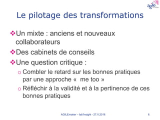 Le pilotage des transformations
Un mixte : anciens et nouveaux
collaborateurs
Des cabinets de conseils
Une question critique :
o Combler le retard sur les bonnes pratiques
par une approche « me too »
o Réfléchir à la validité et à la pertinence de ces
bonnes pratiques
AGILEmaker – lab'Insight - 27.V.2016 6
 