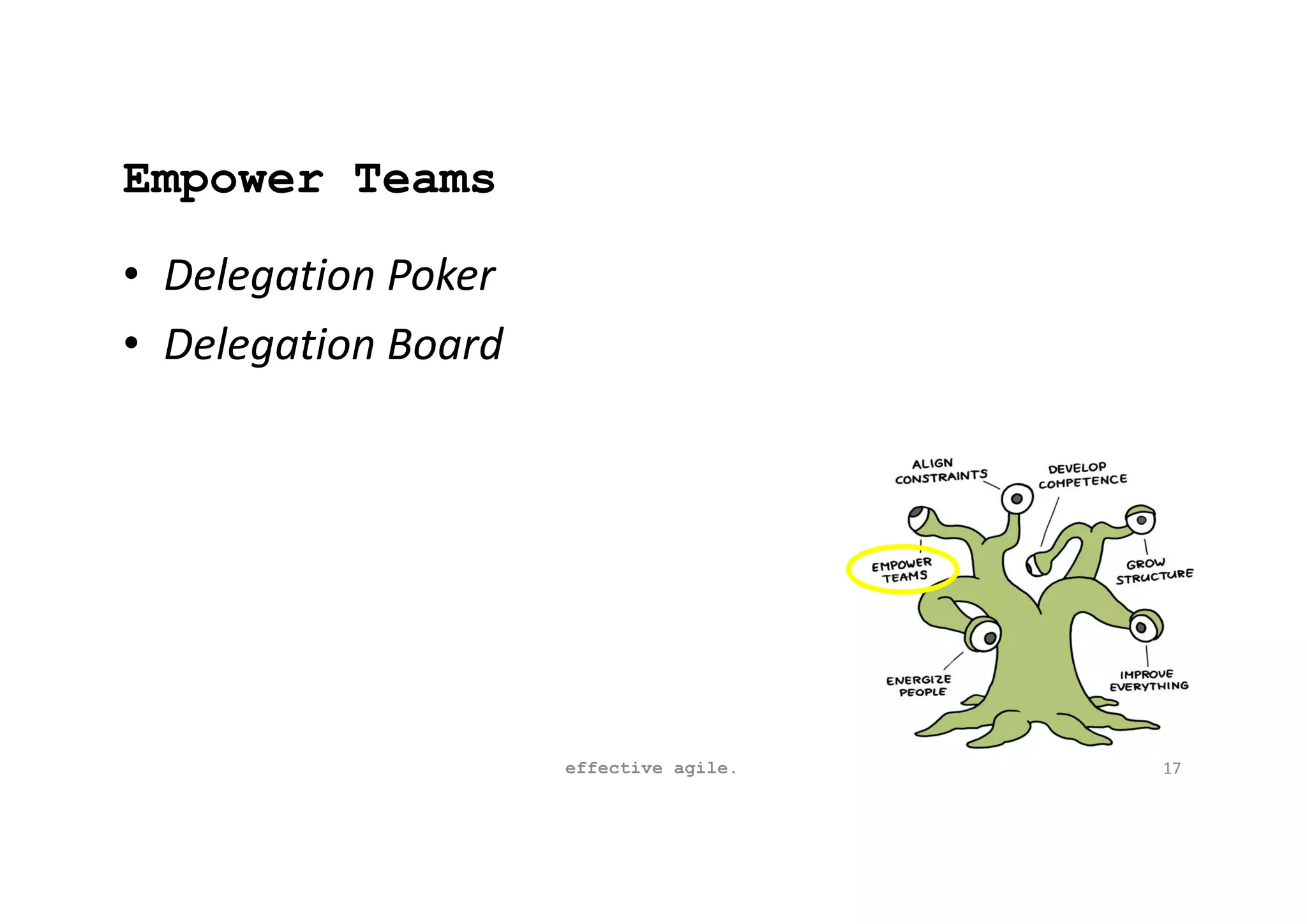 Empower Teams
• Delegation Poker
• Delegation Board
effective agile. 17
 