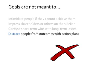 Goals are not meant to...
Intimidate people if they cannot achieve them
Impress shareholders or others on the sideline
Confuse short-term wins with long-term losses
Distract people from outcomes with action plans
 