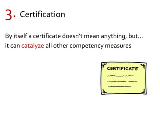 3. Certification
By itself a certificate doesn’t mean anything, but...
it can catalyze all other competency measures
 