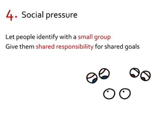 4. Social pressure
Let people identify with a small group
Give them shared responsibility for shared goals
 