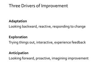 Three Drivers of Improvement
Adaptation
Looking backward, reactive, responding to change
Exploration
Trying things out, interactive, experience feedback
Anticipation
Looking forward, proactive, imagining improvement
 