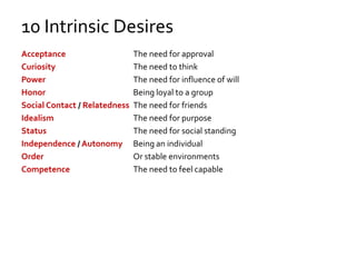10 Intrinsic Desires
Acceptance The need for approval
Curiosity The need to think
Power The need for influence of will
Honor Being loyal to a group
Social Contact / Relatedness The need for friends
Idealism The need for purpose
Status The need for social standing
Independence / Autonomy Being an individual
Order Or stable environments
Competence The need to feel capable
 