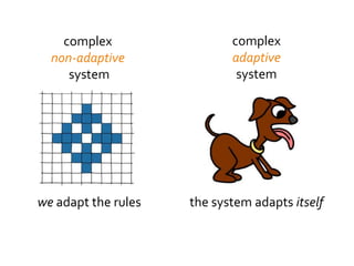 complex
adaptive
system
the system adapts itselfwe adapt the rules
complex
non-adaptive
system
 