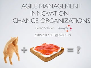 AGILE MANAGEMENT
    INNOVATION -
CHANGE ORGANIZATIONS
      Bernd Schiffer

      28.06.2012 SET@JAZOON




  +                     =?
 