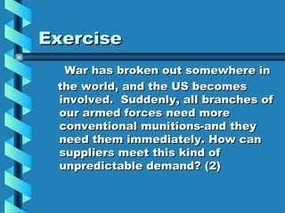 Exercise
  War has broken out somewhere in
 the world, and the US becomes
 involved. Suddenly, all branches of
 our armed forces need more
 conventional munitions-and they
 need them immediately. How can
 suppliers meet this kind of
 unpredictable demand? (2)
 