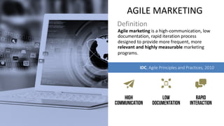 AGILE MARKETING
Agile marketing is a high-communication, low
documentation, rapid iteration process
designed to provide more frequent, more
relevant and highly measurable marketing
programs.
Definition
RAPID
INTERACTION
LOW
DOCUMENTATION
HIGH
COMMUNICATION
IDC, Agile Principles and Practices, 2010
 