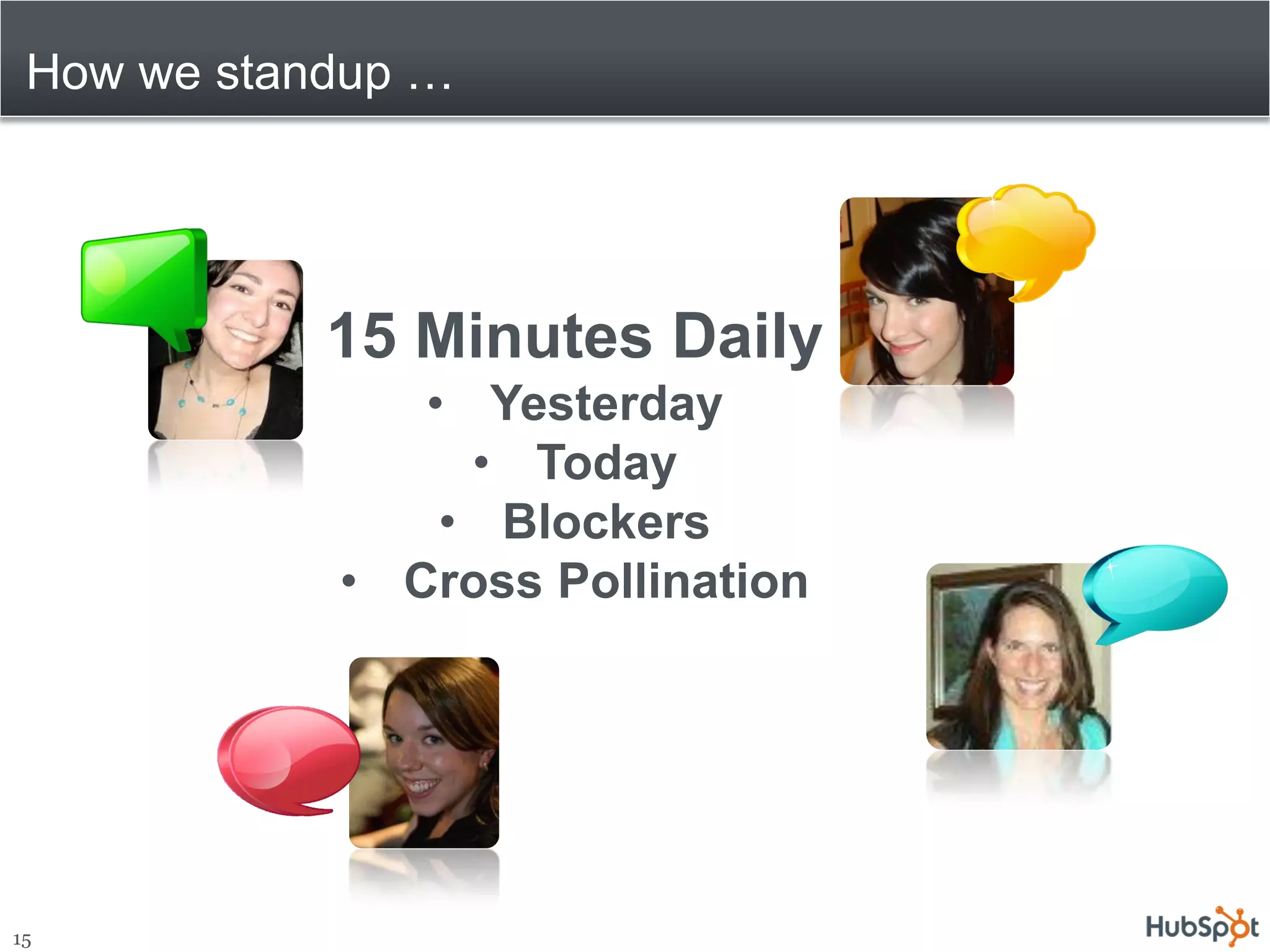 How we standup …




            15 Minutes Daily
               • Yesterday
                 • Today
                • Blockers
            • Cross Pollination




15
 