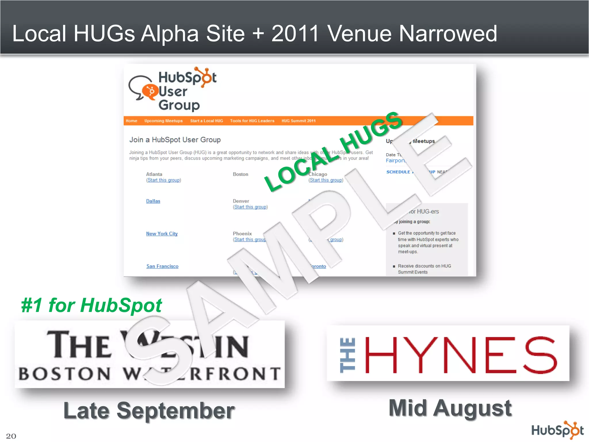 Local HUGs Alpha Site + 2011 Venue Narrowed




     #1 for HubSpot




         Late September           Mid August
20
 
