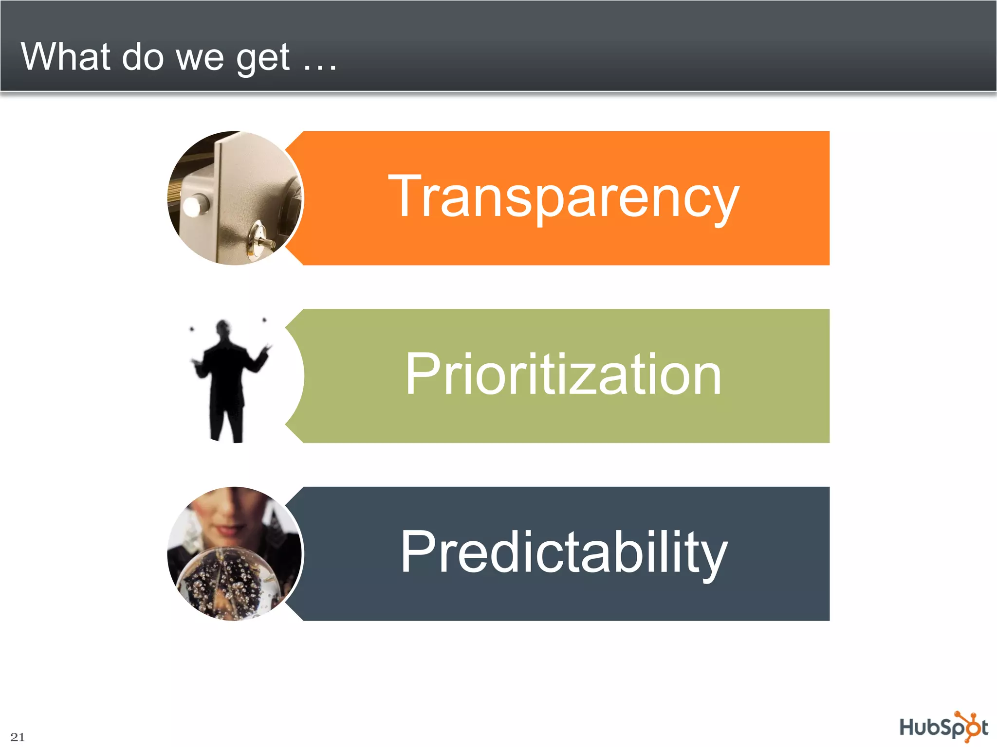 What do we get …


                    Transparency


                    Prioritization


                    Predictability

21
 