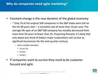  Constant change is the new dynamic of the global economy
– * Only 74 of the original 500 companies in the S&P Index were still on
the list 40 years later – a mortality rate of more than 10 per year. The
average life span of an S&P 500 company has steadily decreased from
more than 50 years to fewer than 25. Projecting forward, it’s likely that
only about one-third of today’s major corporations will survive as
significant businesses for the next quarter century.
– Some notable examples:
 Circuit City
 Pontiac
 Borders
 If companies want to survive they need to be customer
focused and agile
Why do companies need agile marketing?
3 Copyright © 2012 CA. All rights reserved. FOR INTERNAL USE ONLY.
*The Speed of Business Today By Faisal Hoque 2009
 