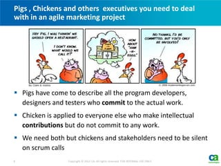  Pigs have come to describe all the program developers,
designers and testers who commit to the actual work.
 Chicken is applied to everyone else who make intellectual
contributions but do not commit to any work.
 We need both but chickens and stakeholders need to be silent
on scrum calls
Pigs , Chickens and others executives you need to deal
with in an agile marketing project
8 Copyright © 2012 CA. All rights reserved. FOR INTERNAL USE ONLY.
 