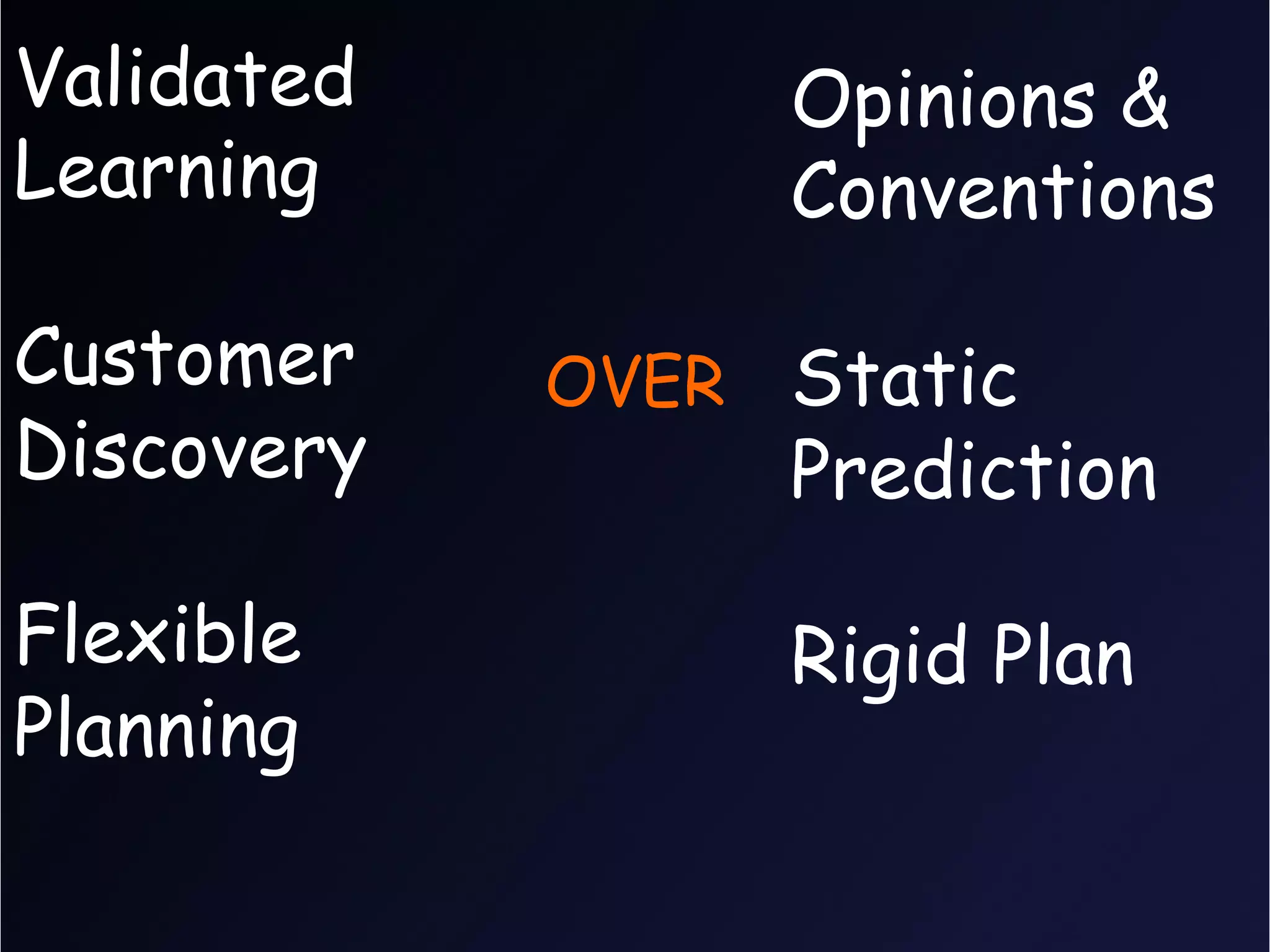 Validated        Opinions &
Learning         Conventions

Customer    OVER Static
Discovery        Prediction

Flexible         Rigid Plan
Planning
 